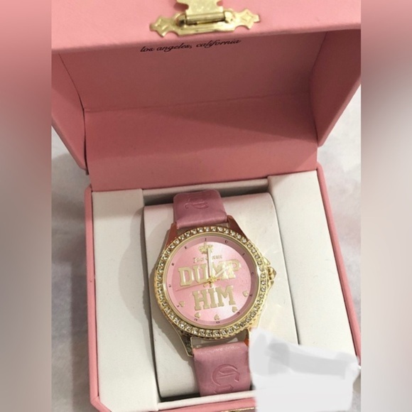 Juicy couture pink gold cz pave crystal bezel ‘Dump Him’ monogram wristwatch new main image 11